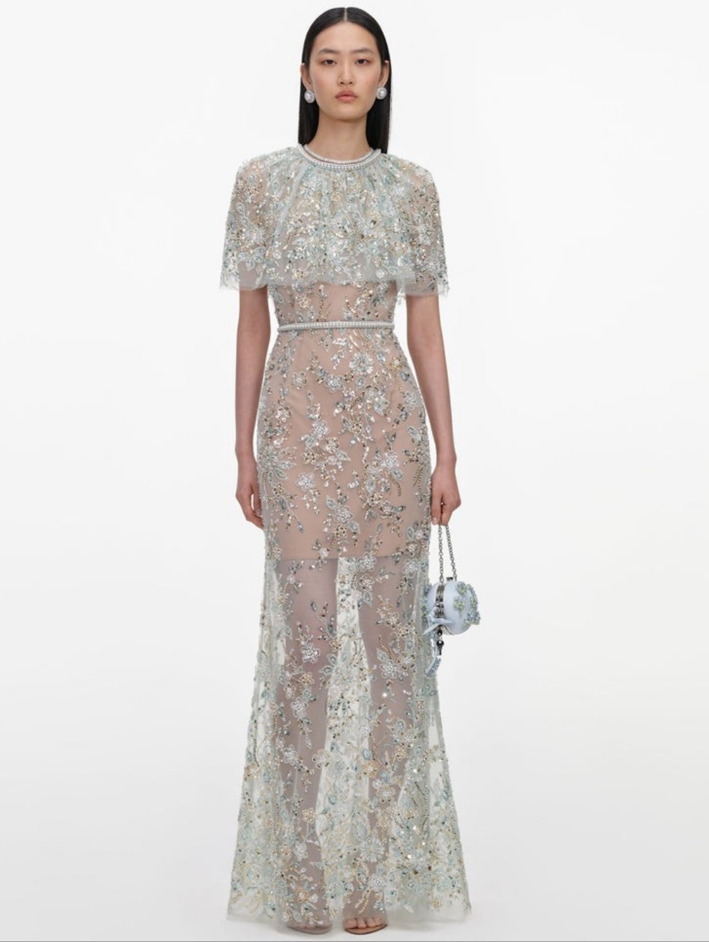 Self Portrait Mint Embellished Cape Maxi Dress